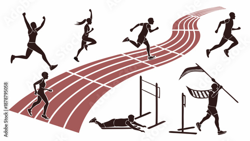 Track and Field Athletes Silhouette Running Hurdling Celebrating Victory on Curved Racetrack for Sports Competition Website Design