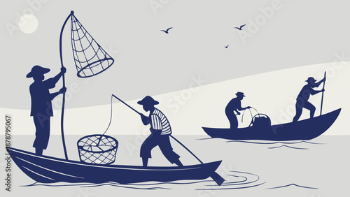Fishermen Silhouettes Hauling Nets from Boats on Calm Water for Seafood Industry Web Design and Travel Brochures