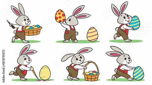 Cute Easter Bunny Painting Decorating and Hiding Colorful Eggs for Spring Holiday Celebration Fun
