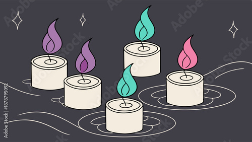 Five Colorful Floating Tealight Candles Burning Brightly for Spiritual Rituals Memorials or Holiday Ambiance