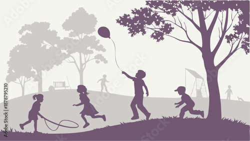 Children Playing Outdoors Silhouette Joyful Summer Park Activity Background for Childhood Education or Family Lifestyle Design