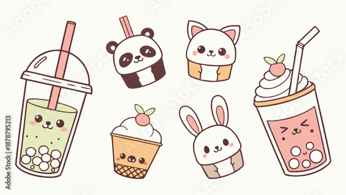 Kawaii Boba Tea Drinks with Cute Animal Faces for Cafe Menus Social Media Web Design Fun Dessert Graphics