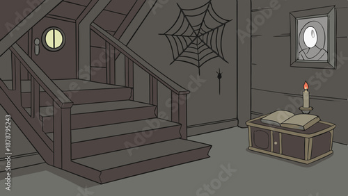 Spooky Haunted House Interior with Dark Staircase Cobweb Candlelight for Halloween Horror Game Design