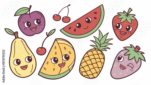 Cute Cartoon Fruit Characters for Kids Food Packaging Web Design Happy Summer Menu Graphics