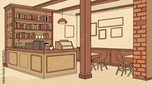 Cozy Cafe Interior with Wooden Counter and Bookshelves for Coffee Shop Branding Website Design or Cozy Atmosphere Promotion