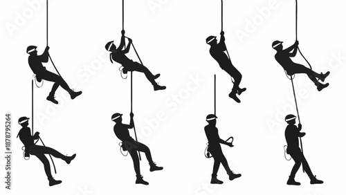 Silhouette Set of Rock Climbers Rappelling Down Rope for Adventure Sports Safety Training or Extreme Outdoor Recreation Design