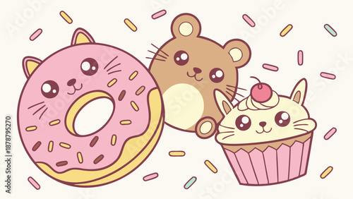 Cute Kawaii Donut Hamster Cupcake Sprinkles Dessert Cafe Bakery Design Elements For Kids Fun Food Graphics