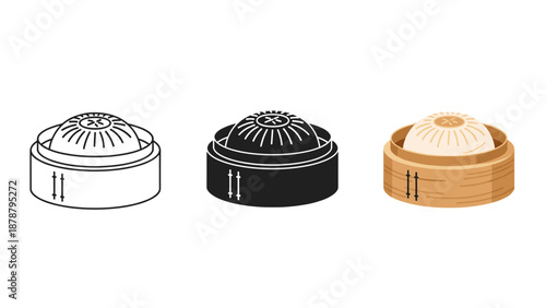 Steamer baskets in white black and wood on a plain background