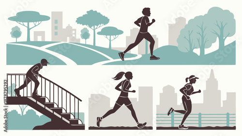 Diverse Runners Exercising Outdoors City Park Stairs Workout Fitness Lifestyle Vector Illustration for Health App Web Design