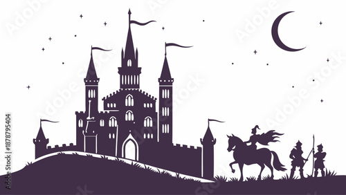 Mysterious Silhouette Medieval Castle Night Scene with Knight Rider Approaching for Fantasy Storytelling Adventure Design