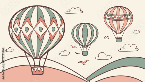 Vintage Hot Air Balloons Floating Over Rolling Hills for Travel Adventure Vacation Design Background