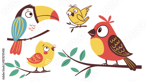 Cute Cartoon Tropical Birds Perched on Branches for Children Book Illustration or Nursery Decor