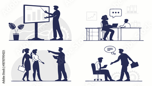 Silhouetted Business Team Collaboration Icons Presenting Data Coaching Interviewing in Modern Office Workspace for Presentation Design