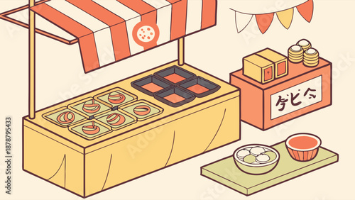 Isometric Japanese Street Food Stall Serving Dango Dessert for Summer Festival Promotion Web Banner Design