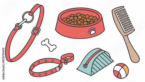 Essential Pet Supplies Flat Lay for Dog Grooming, Walking, and Feeding Web Banners and Retail Advertising