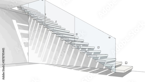 Modern floating staircase design with glass railing and strong natural light shadows.