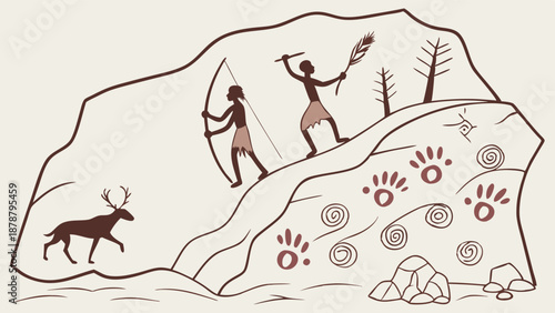 Prehistoric Cave Painting Depicting Hunters Stalking Deer with Bows and Spears for History Education or Primitive Lifestyle Design Projects