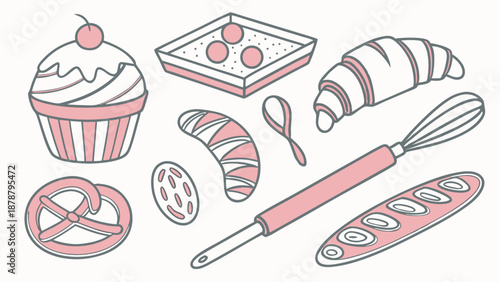 Pastry Baking Icons Set Cupcake Croissant Baguette Whisk for Bakery Cafe Menu Design Sweet Treats