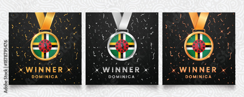3D winner medals featuring the Dominica flag design, set on a dark textured background with golden and silver confetti and glowing stars.