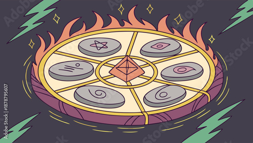 Mystical Ritual Circle with Glowing Runes and Flames for Occult Gaming or Fantasy App Interface Design