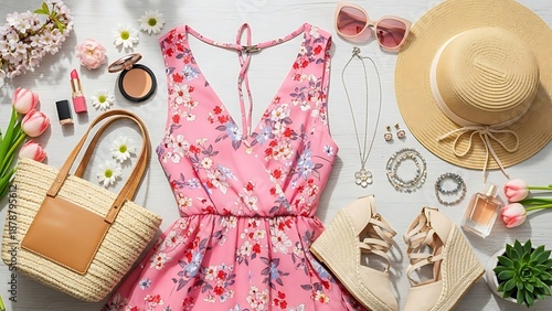 Pink floral summer dress, straw accessories, and cosmetics on white wood table. Spring and summer fashion flat lay display for blog or magazine.