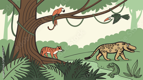 Vibrant Jungle Safari Scene with Tiger Jaguar Parrot and Toucan for Nature Education and Wildlife Design Projects