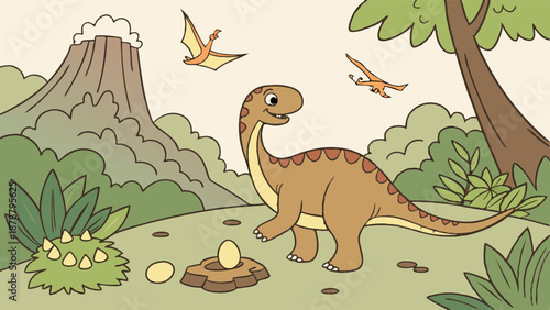 Cute Cartoon Sauropod Dinosaur Protecting Eggs Near Volcano for Children's Book Illustration or Educational Website Design