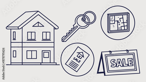Real Estate Sale Icons House Keys Floor Plan Listing Sign for Property Buying Selling Web Design Graphics