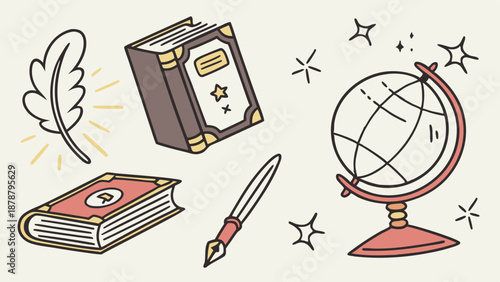 Quill Pen Old Books Globe for Education History Literature Design Elements for Academic Website or School Project
