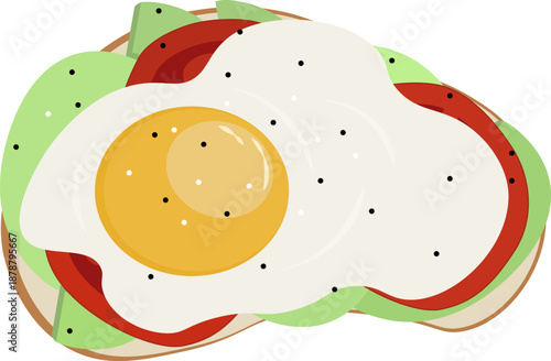 Healthy avocado toast topped with a fried egg and tomato slices, perfect for brunch menus, food blogs, or modern cafe branding. Flat vector illustration.