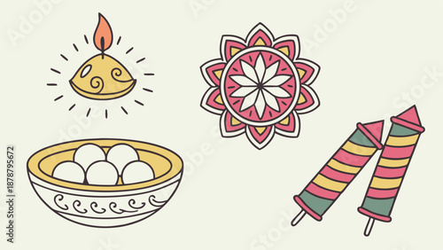 Diwali Festival Icons Set Festive Indian Celebration Sweets Lamp Rangoli Fireworks for Holiday Web Design and Greeting Cards