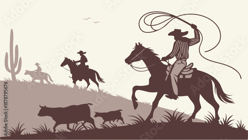 Ranch Cowboys Herding Cattle on Horseback with Lasso for Western Adventure Travel Brochures and Rustic Branding Projects