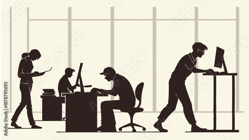 Diverse Office Workers Silhouettes Using Standing Desks and Laptops Promoting Workplace Wellness and Modern Ergonomic Work Environments