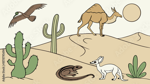 Desert Ecosystem Illustration Featuring Camel Cactus Lizard Vulture Fennec Fox for Wildlife Education and Travel Web Design Projects