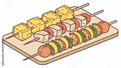 Grilled Tofu and Vegetable Skewers Ready for Summer BBQ Party Menu Design Food Blog Illustration