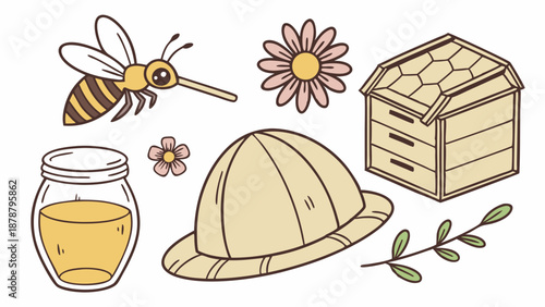 Cute Honey Bee Beekeeper Supplies Jar Flower for Apiary Farm Product Packaging Design Summer Harvest