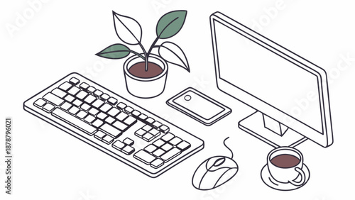 Minimalist Isometric Home Office Desk Setup with Computer Keyboard Mouse Monitor Plant and Coffee for Focused Remote Work Productivity