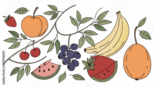 Vibrant Summer Fruit Harvest Illustration for Healthy Eating Menus Recipe Blogs Web Design Graphics