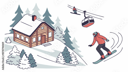 Winter Ski Resort Scene with Snowboarder, Cozy Cabin, and Chairlift for Travel Brochures and Holiday Advertisements