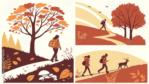 Autumn Hiking Adventure People Walking Uphill Trail Nature Travel Website Banner Outdoor Recreation Graphic Design