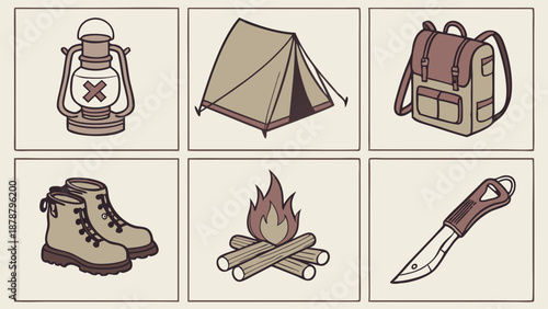 Rustic Camping Gear Icons Set for Outdoor Adventure Travel Web Design and Wilderness Survival Guides Illustration (178 characters)