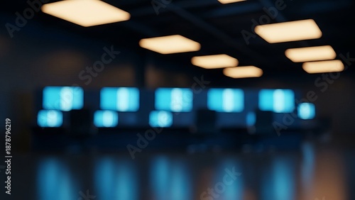 Blurred Modern Technology Workspace with Glowing Blue Monitor Screens