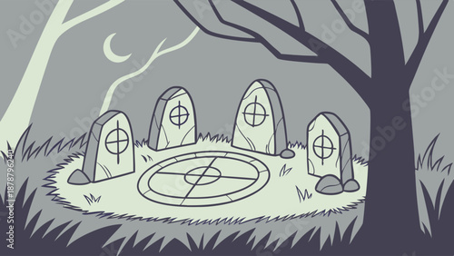 Mysterious Stone Circle Ritual Site Under Moonlit Night for Occult Horror Game Design or Esoteric Website Banner