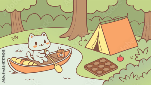 Cute Kawaii Cat Canoeing by Campsite Tent with Baked Goods for Cozy Summer Vacation Relaxation and Outdoor Adventure Design