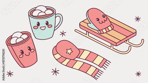 Cute Kawaii Winter Cocoa Sled Scarf Mitten Illustration for Holiday Seasonal Web Design and Cozy Seasonal Promotion Graphics