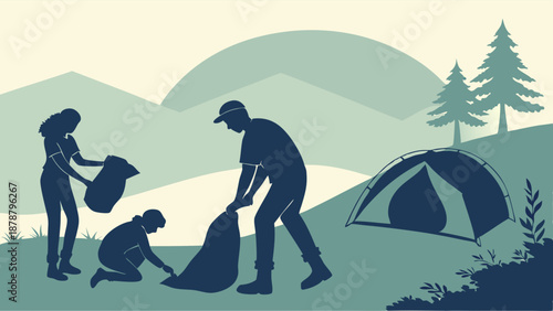 Family Camping Group Cleaning Up Trash Outdoors Protecting Nature Environment for Eco Tourism Promotion and Sustainability Campaigns