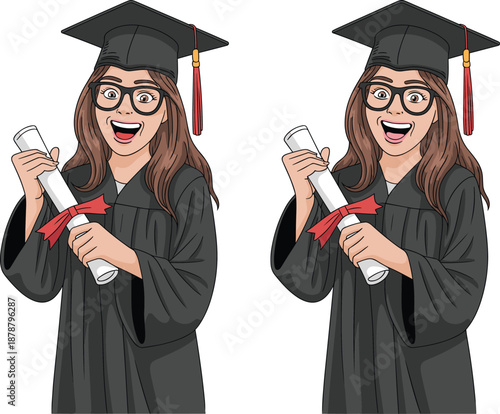 Happy female graduate wearing glasses holding diploma cartoon illustration celebrating graduation success education achievement academic milestone isolated on white background cheerful