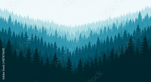 Misty coniferous forest vector landscape illustration with layers of pine trees and mountains, in blue and green tones. Serene nature background for tranquil, outdoor, or environmental themes.