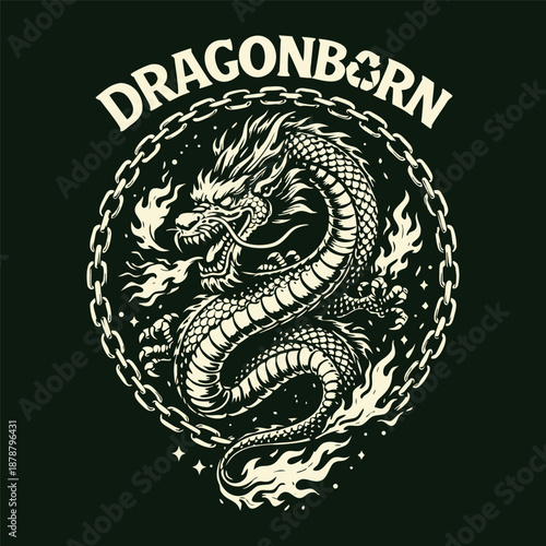 Dragon illustration with fire and chains in monochromatic style