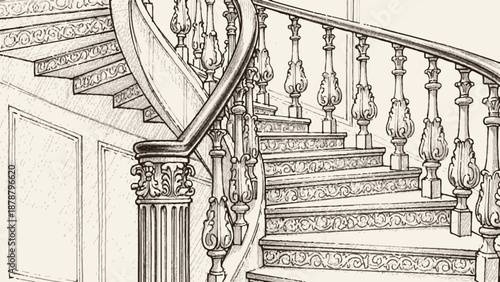 Detailed architectural drawing of an ornate spiral staircase with decorative balusters and handrail.
